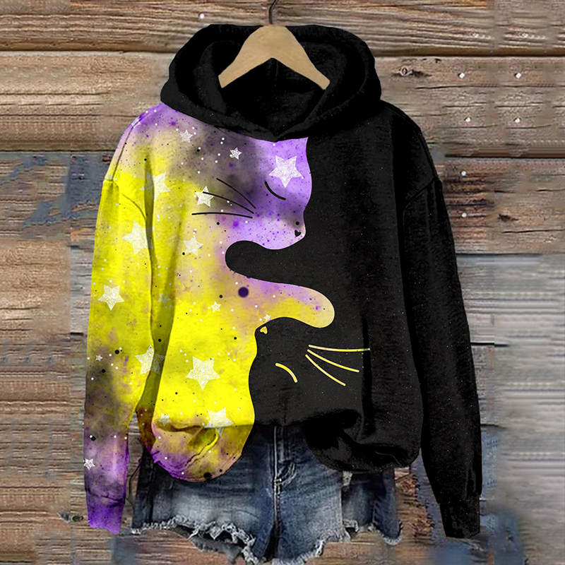 Non-binary Yin Yang Cat Print Vintage Cozy Hoodie