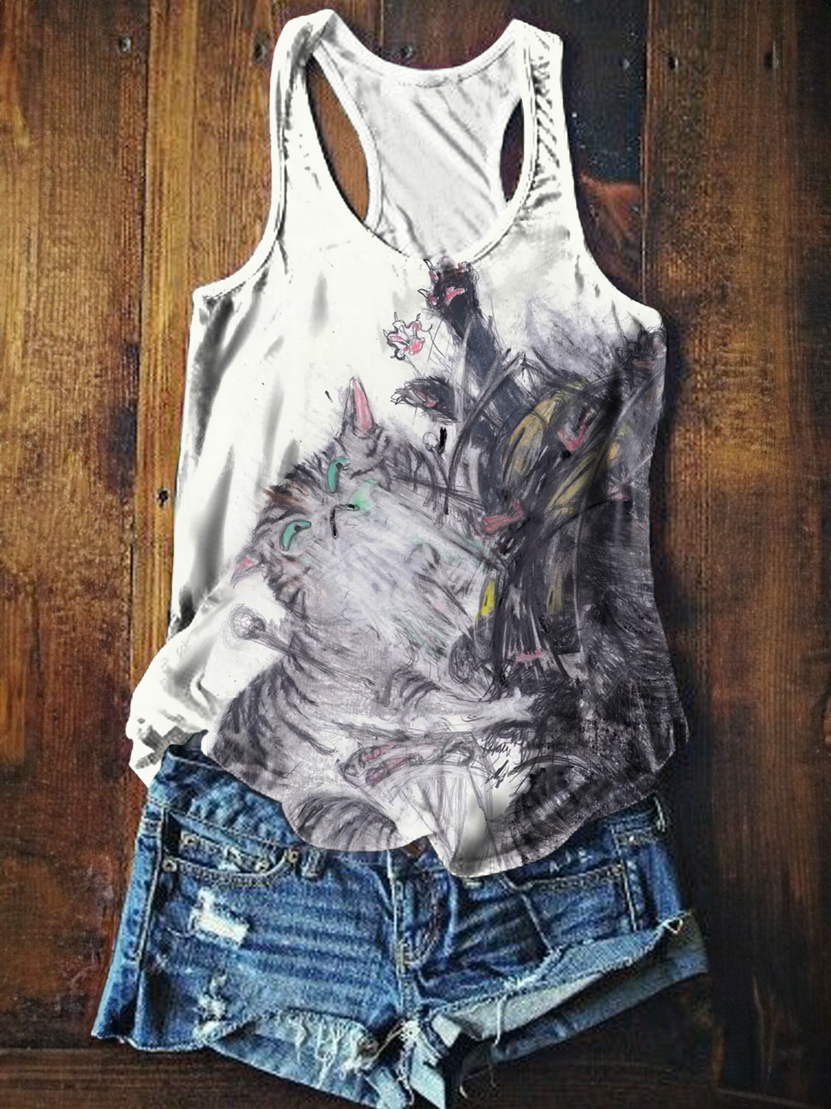 Funny Cat Print Tank Top