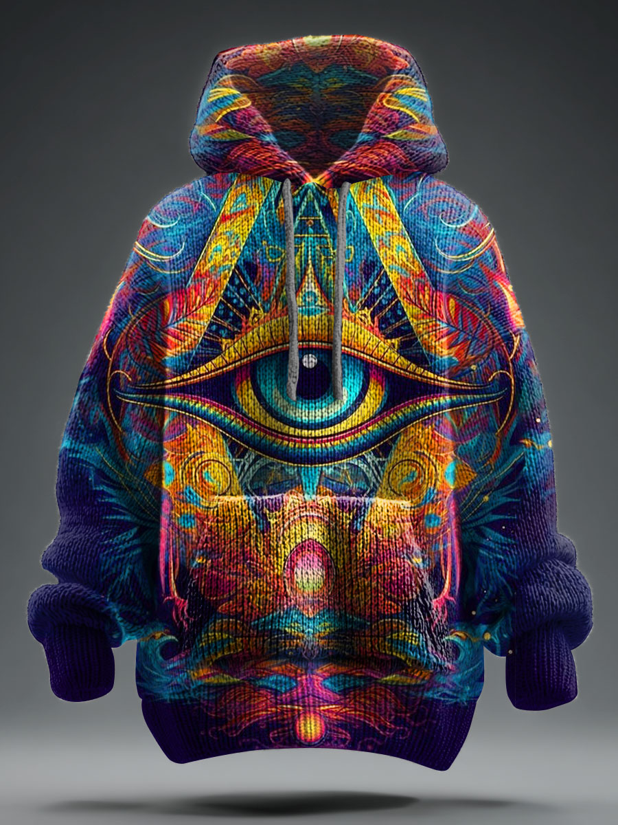 Retro Multicolor Eyes Art Print Knit Pullover Hooded Sweater