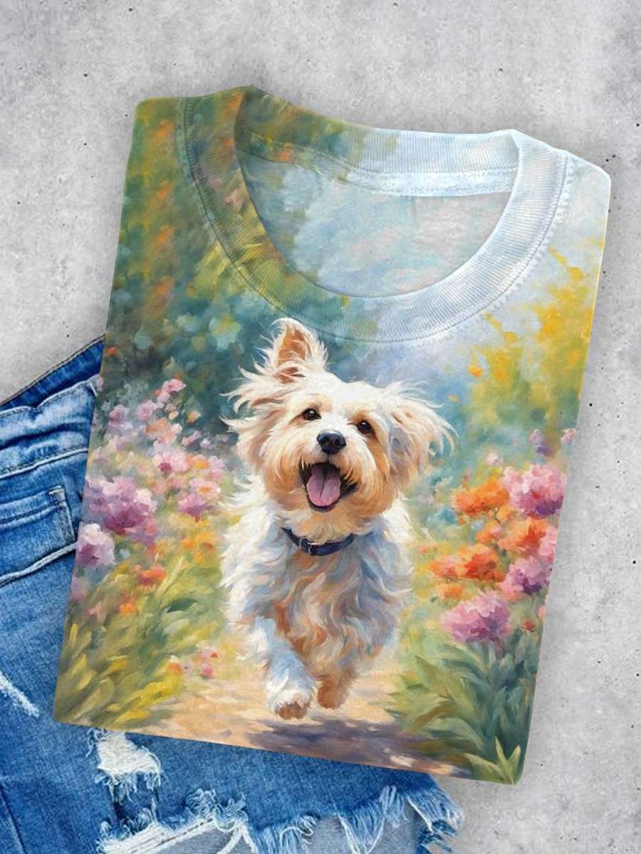 Cute Dog Art Print Casual Short Sleeve T-shirt