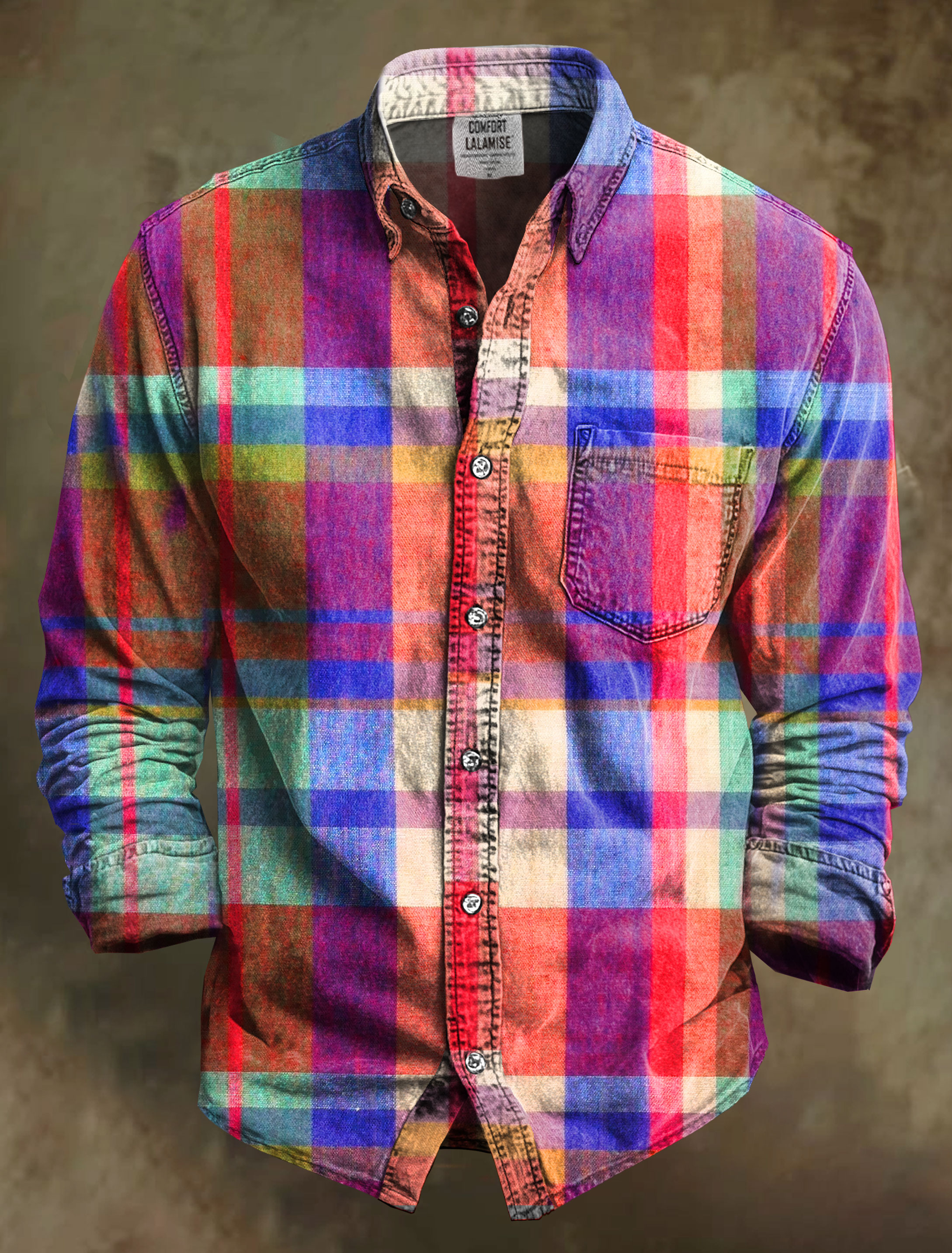 Plaid Art Print 100% Cotton Long Sleeve Shirt