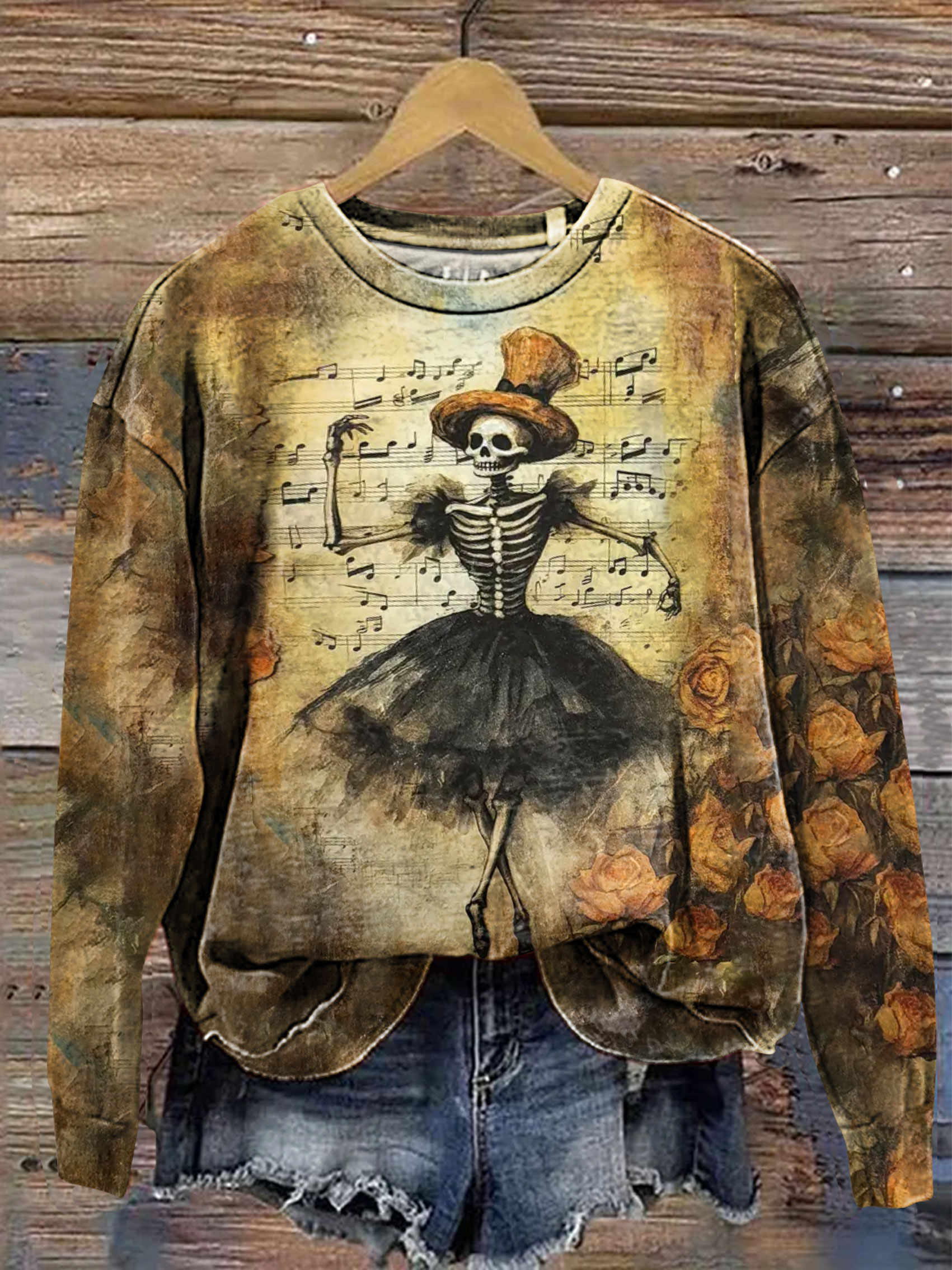 Vintage Sketlon  Halloween  Art Print Casaul Long Sleeve Sweashirt
