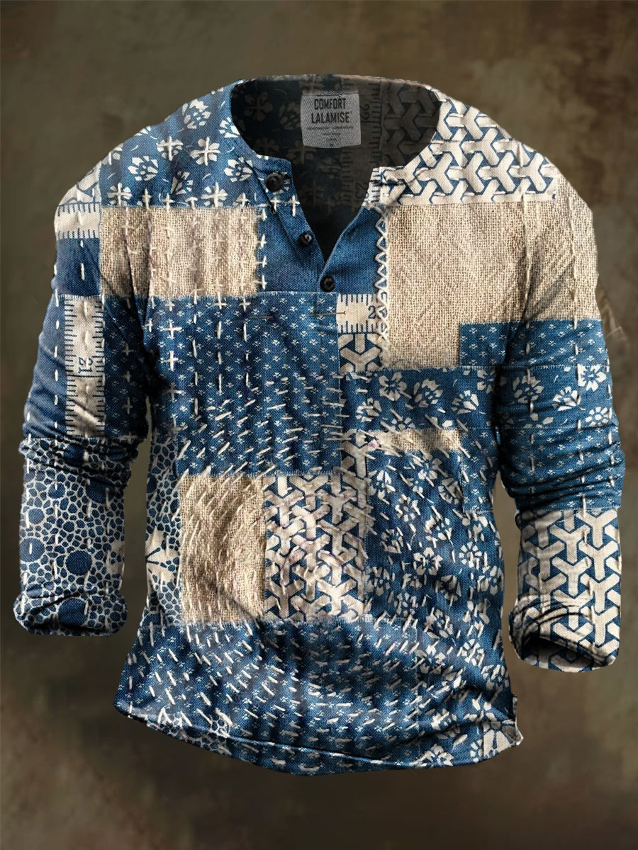 Blue Quilt patchwork Art Print Henley Sweatshirt