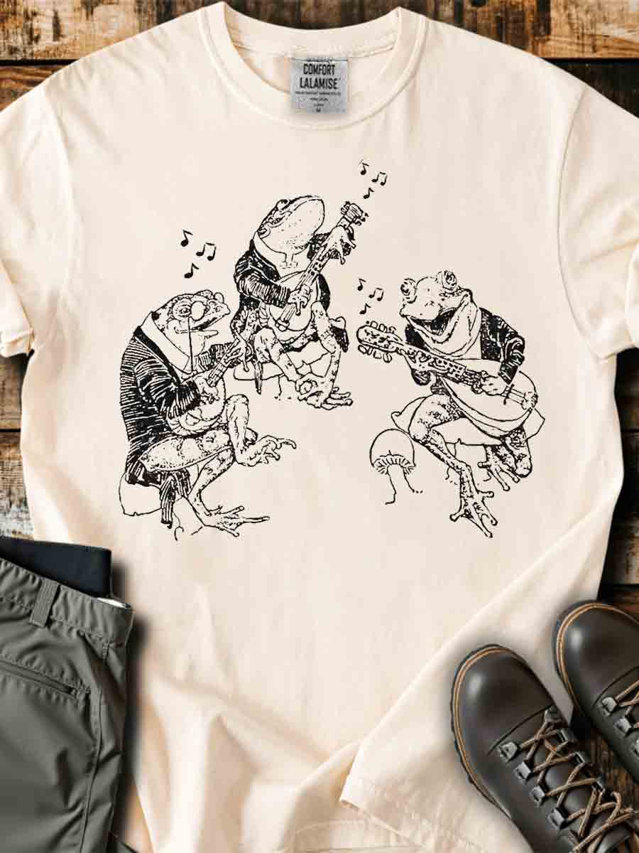 Frog Musicians 90s Retro Art Print Casaul Short Sleeve T-shirt