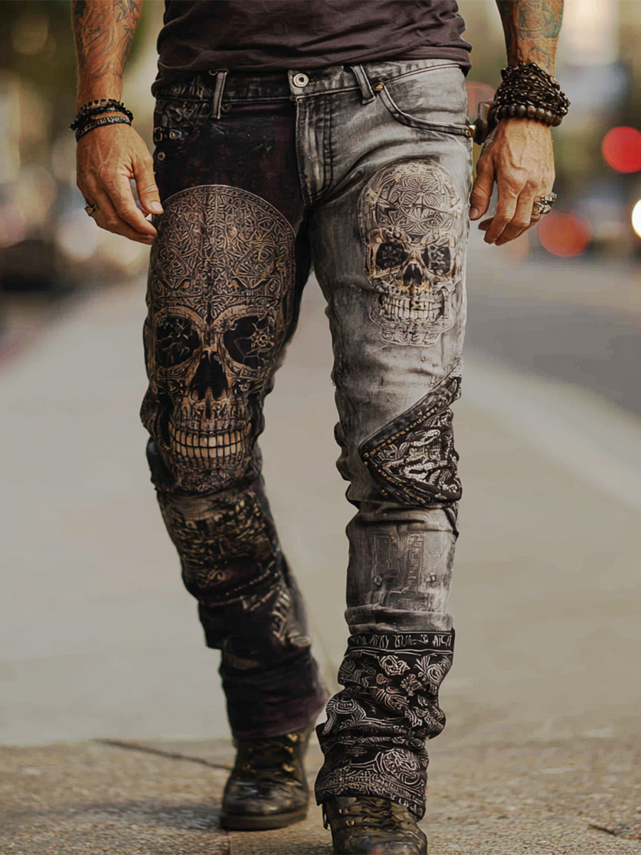 Vintage Halloween Skull Dark Art Print Casual Jeans