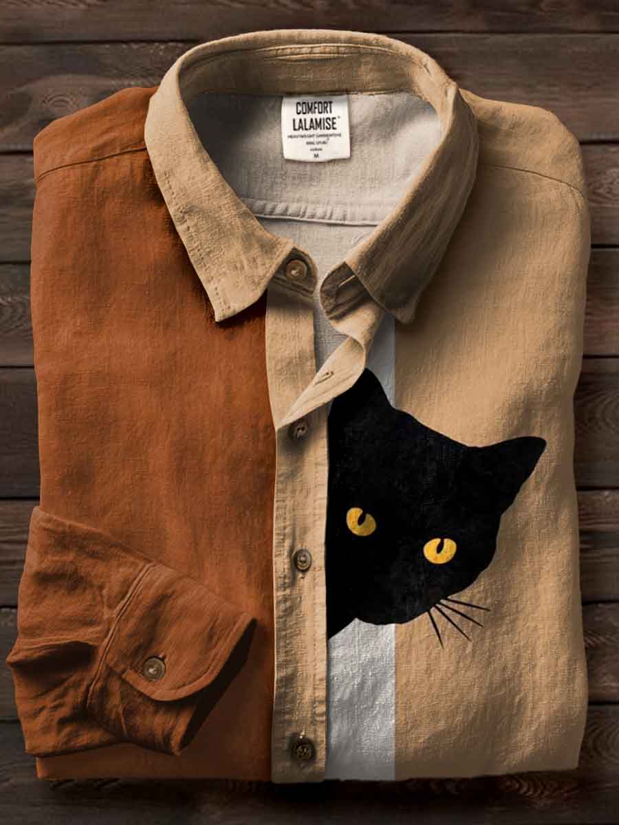 Vintage Cat Print Casual Cotton Shirt