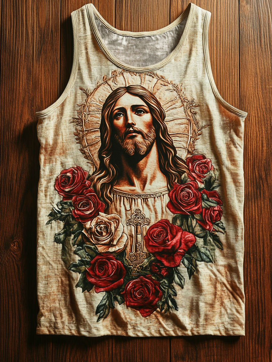Vintage Floral Jesus Print Tank Top