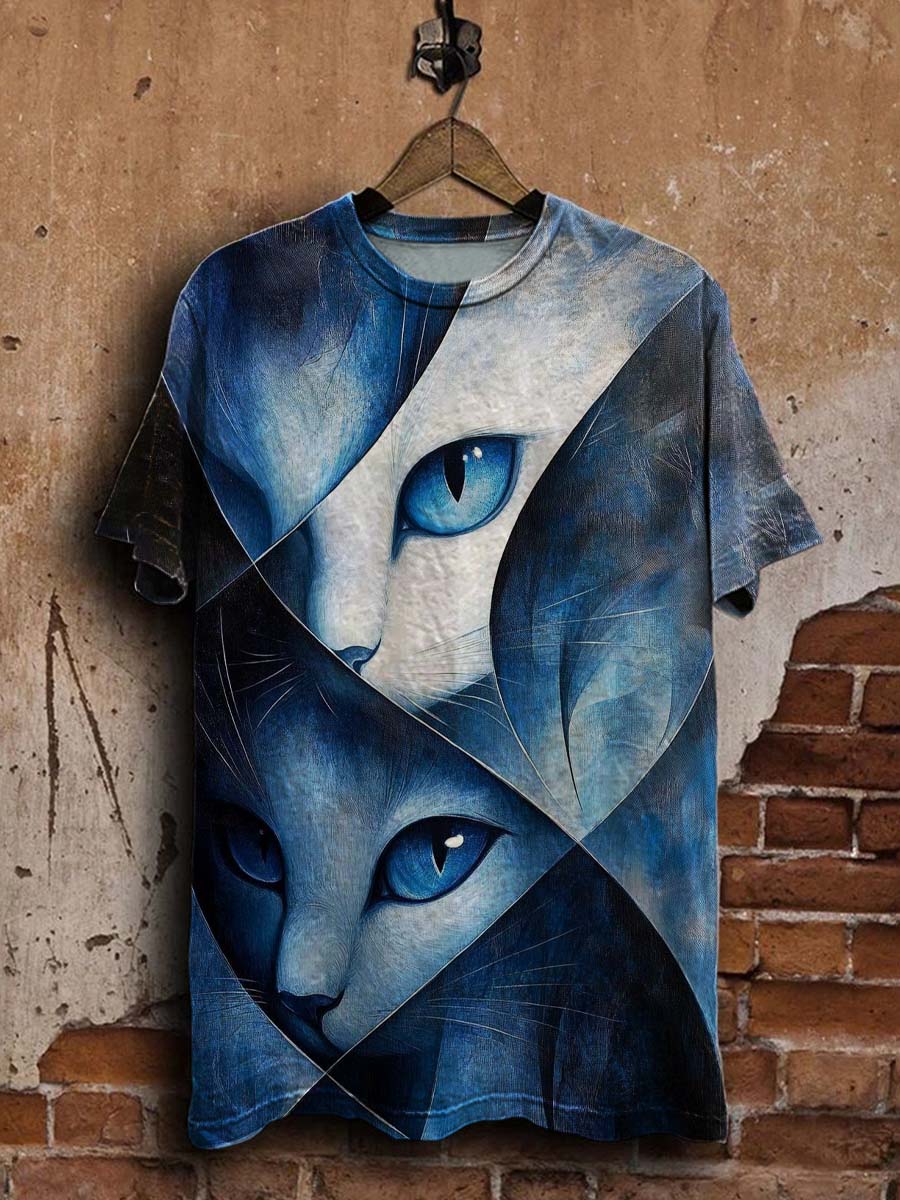 Art Abstract Cat Print Casual Short Sleeve T-Shirt