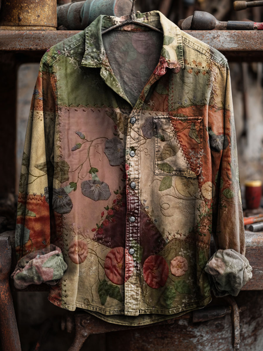 Vintage Patchwork Art Print 100% Cotton Long Sleeve Shirt