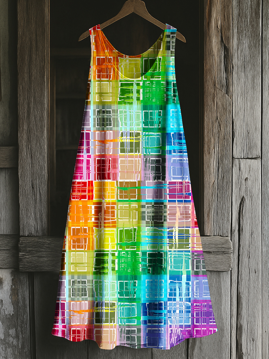 Rainbow Lines Square Mosaic Style Art Print Casual Vest Dress