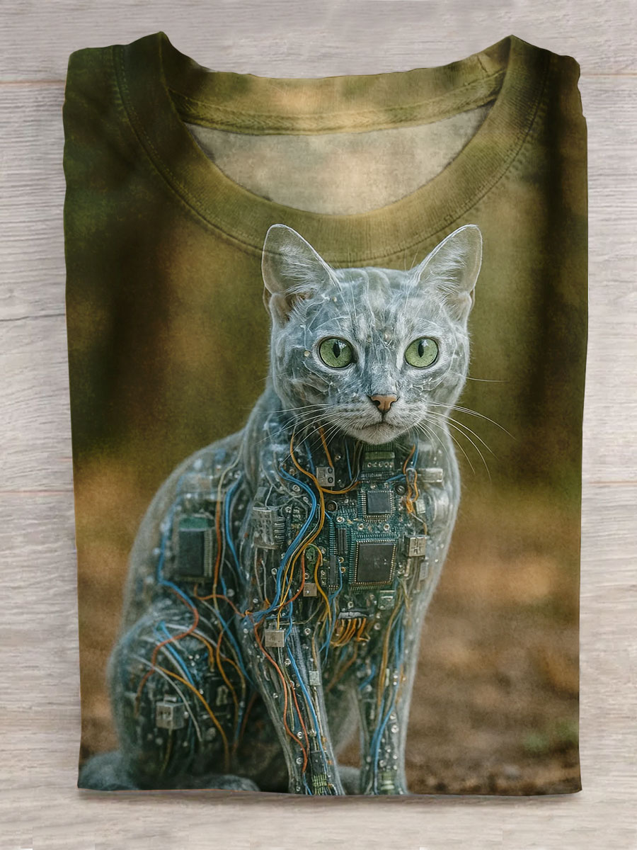 Circuit Board Cat Art Printed Casual Short Sleeve T-Shirt