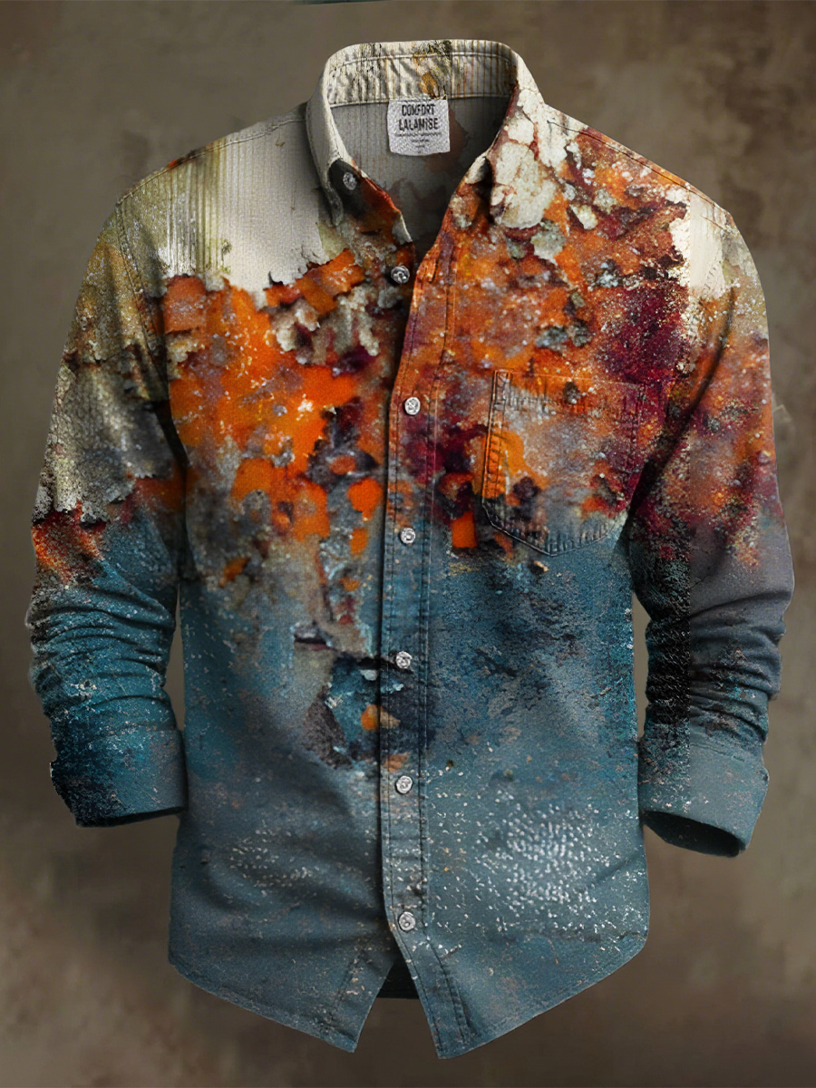 Vintage Multicolor Pattern Art Print 100% Cotton Long Sleeve Shirt