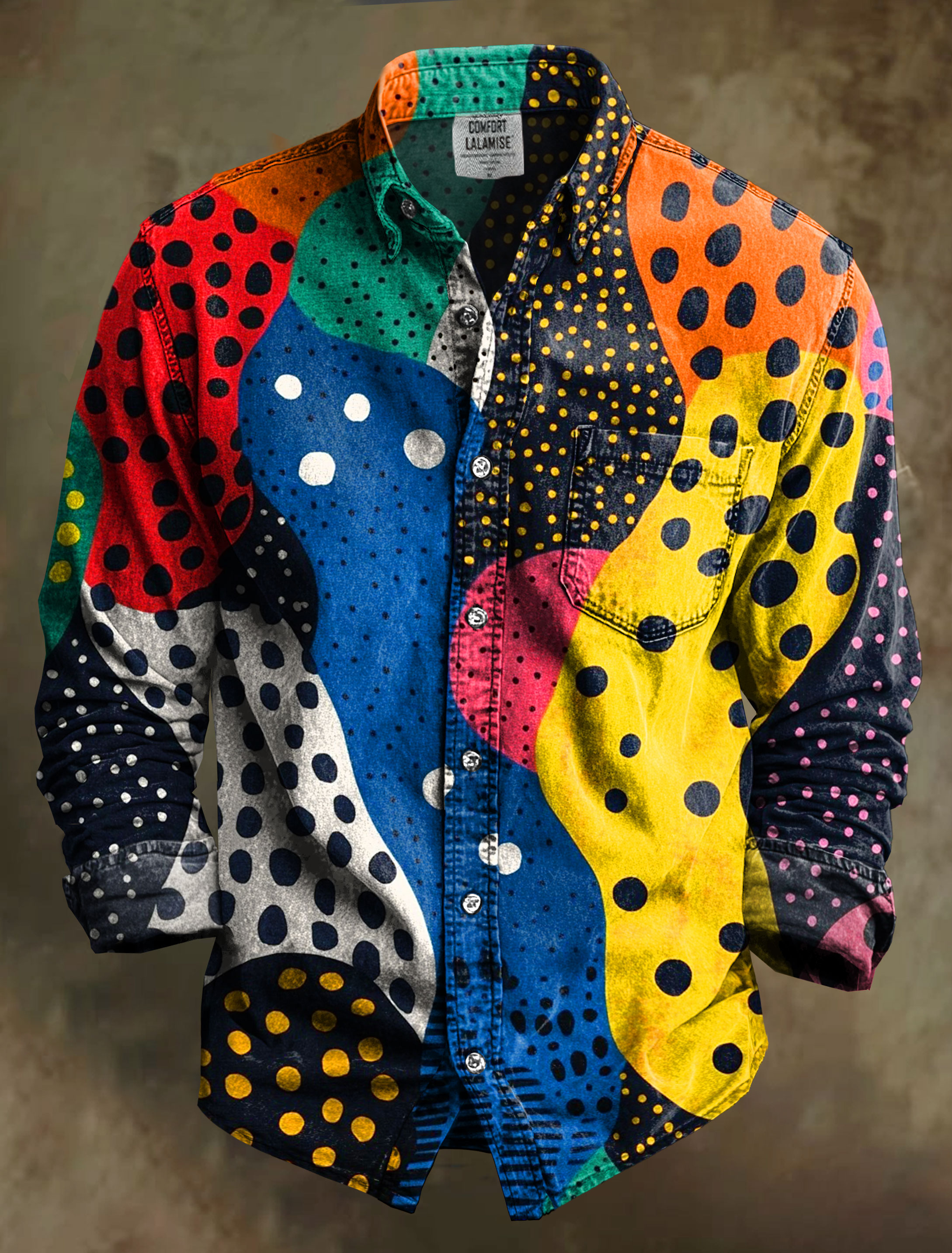 Vintage Multicolored Polka Dots Art Print 100% Cotton Long Sleeve Shirt