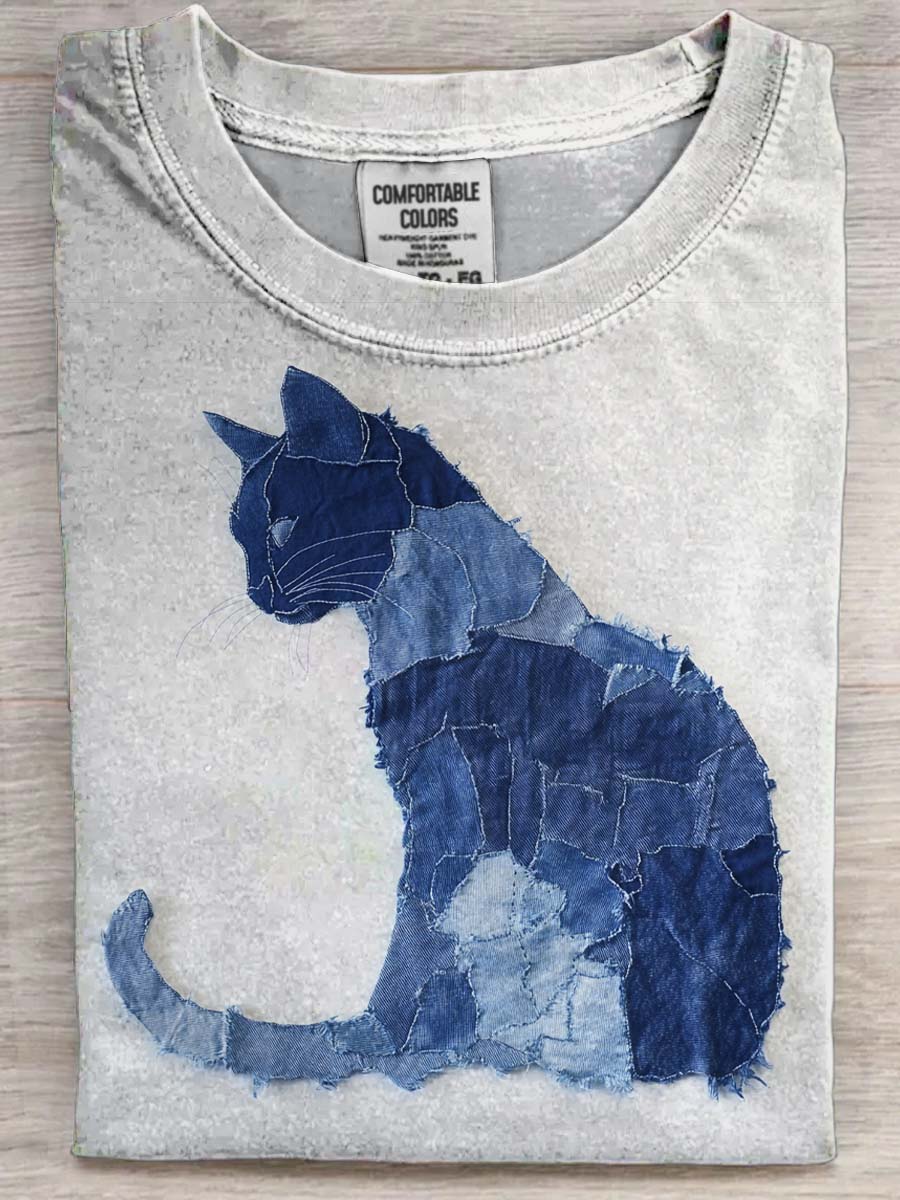 Cowboy Patch Cat Print Casual Short Sleeve T-Shirt