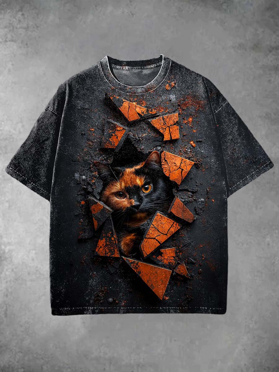 Abstract 3D Cat Print Casual Short Sleeve T-Shirt