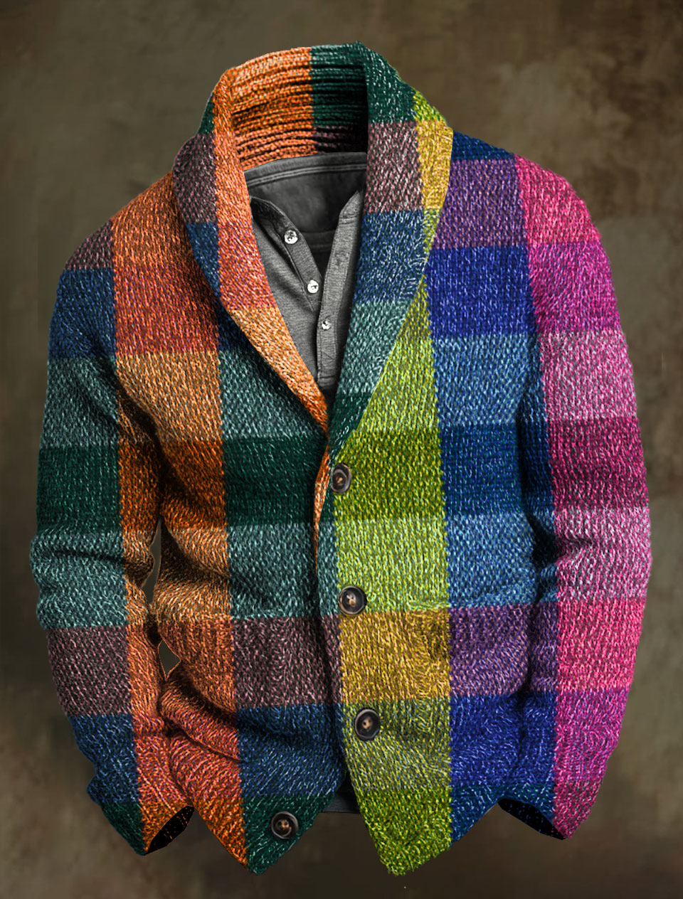 Vintage Plaid Print Knit V-neck Pullover Sweater