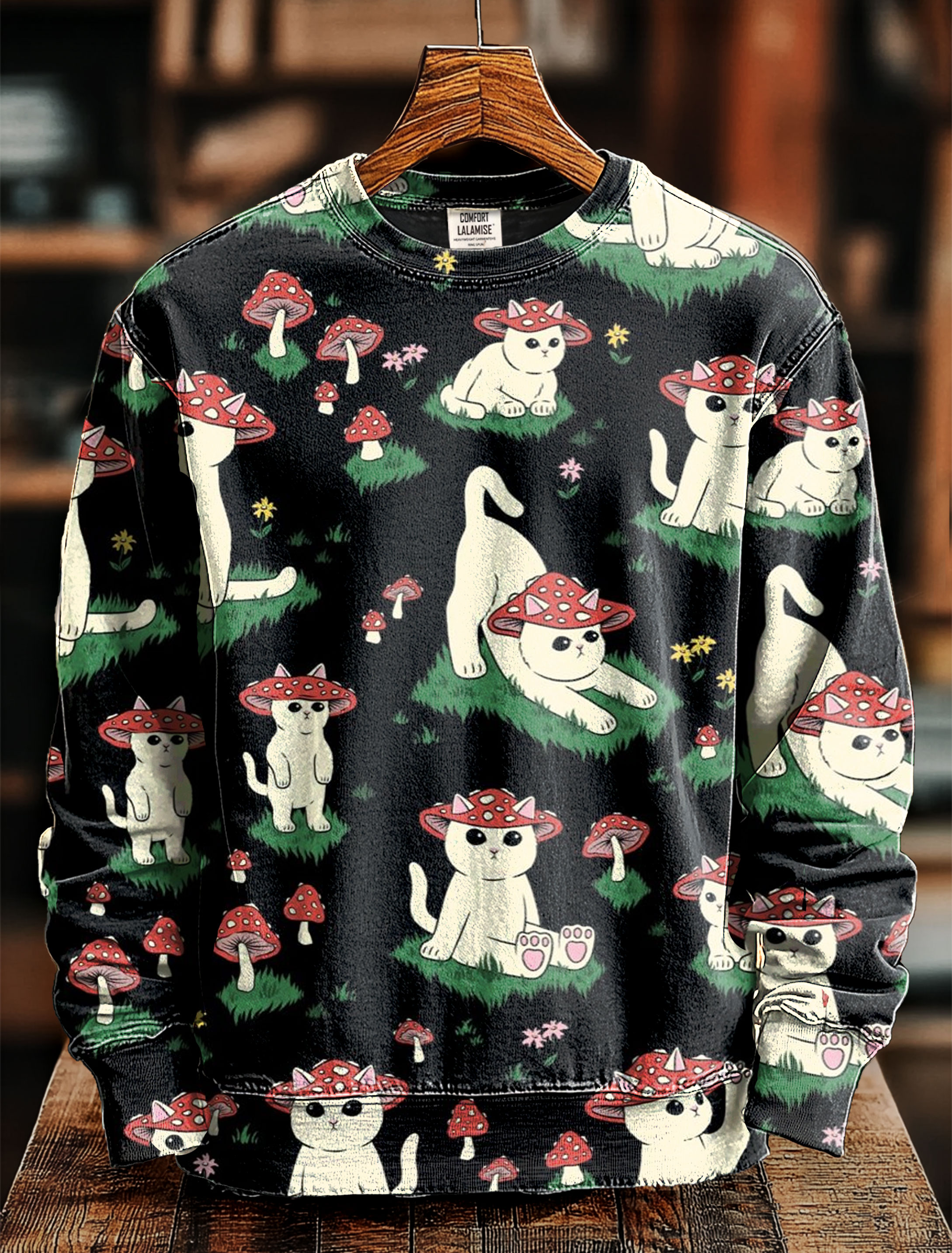 Mushroom Cat Art Print Casaul Short Sleeve Sweashirt