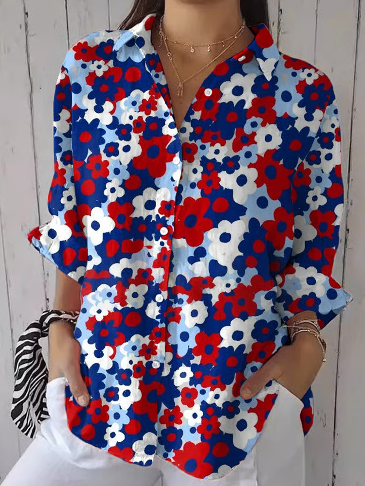 Women's Retro Independence Day Floral Art Print Casual Shirt