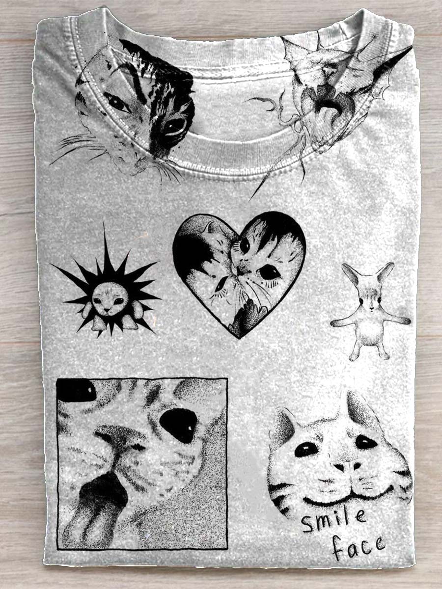 Cute Cat Meme Doodle Art Print Casual Short Sleeve T-shirt