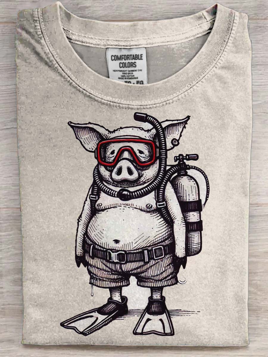 Funny Swimming Pig Print Casual Short Sleeve T-Shirt
