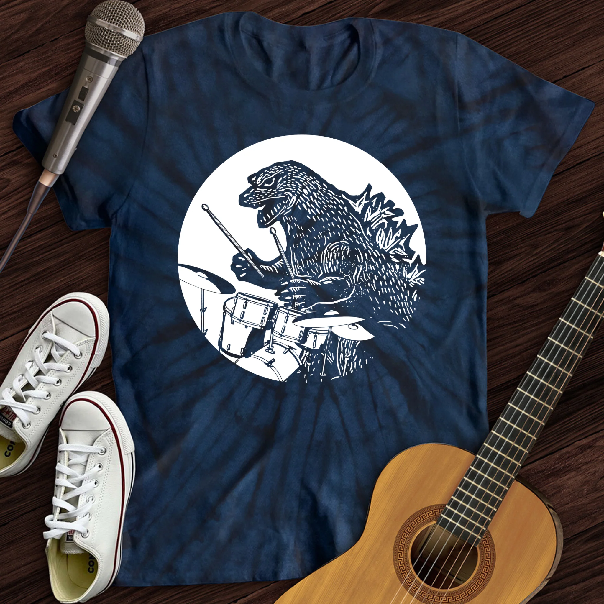 Dino Playing Drums Tie Dye T-Shirt