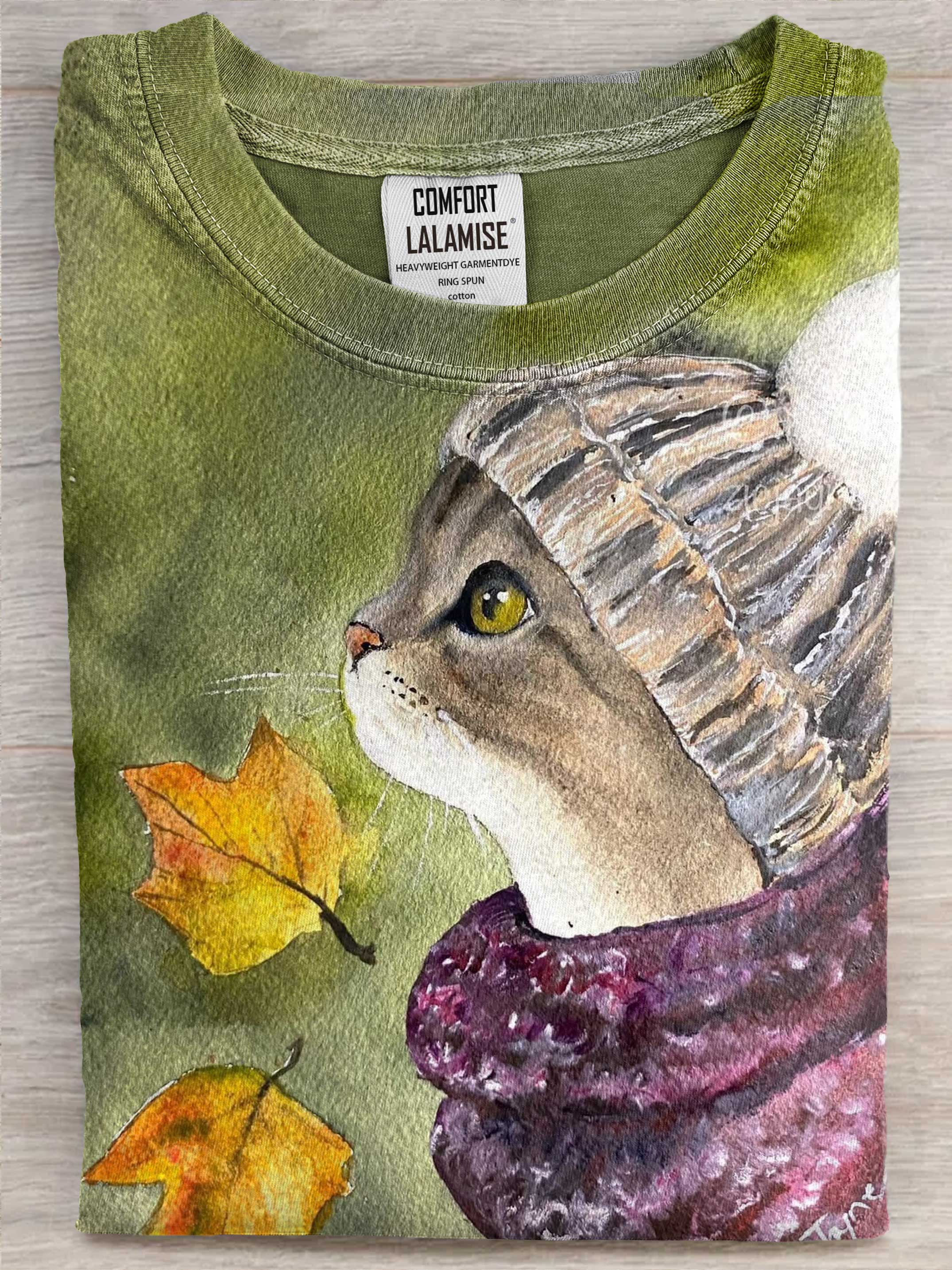 Autumn Cat Art Print Casual Cotton Short Sleeve T-shirt