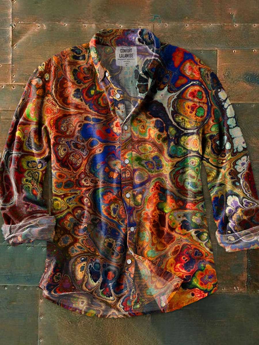 Vintage Marble Swirls of Color Fall Tones Art Print 100% Cotton Long Sleeve Shirt