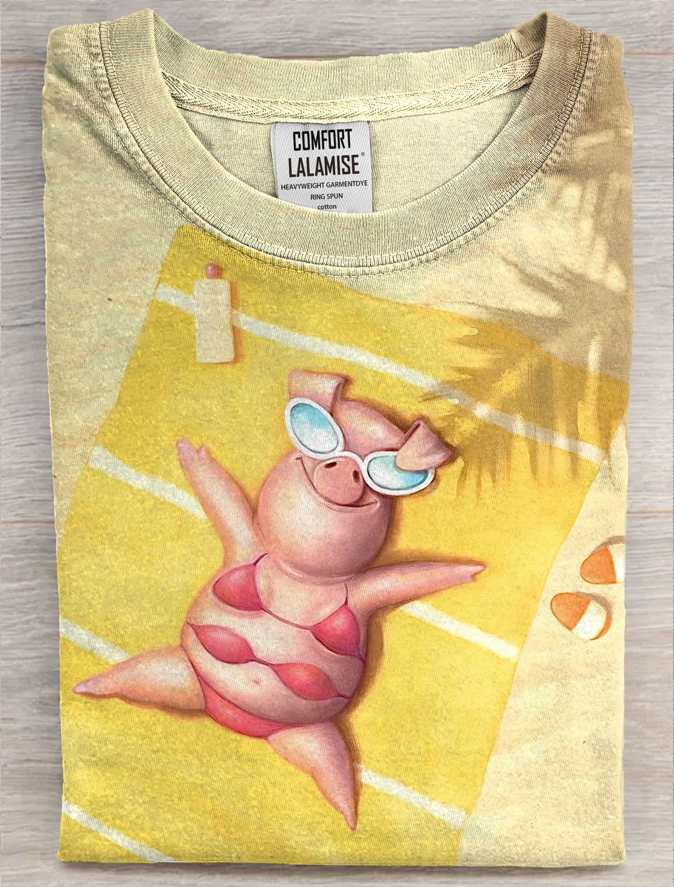 Summer Vocation Pig Art Print Casual Short Sleeve T-shirt