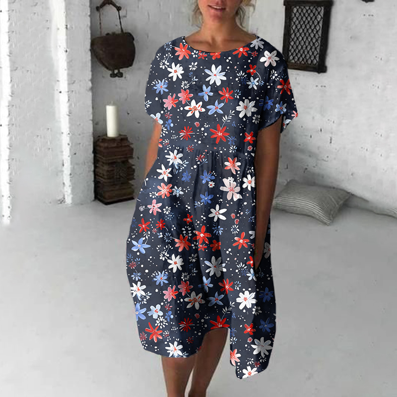 Independence Day Floral Print Loose Midi Dress
