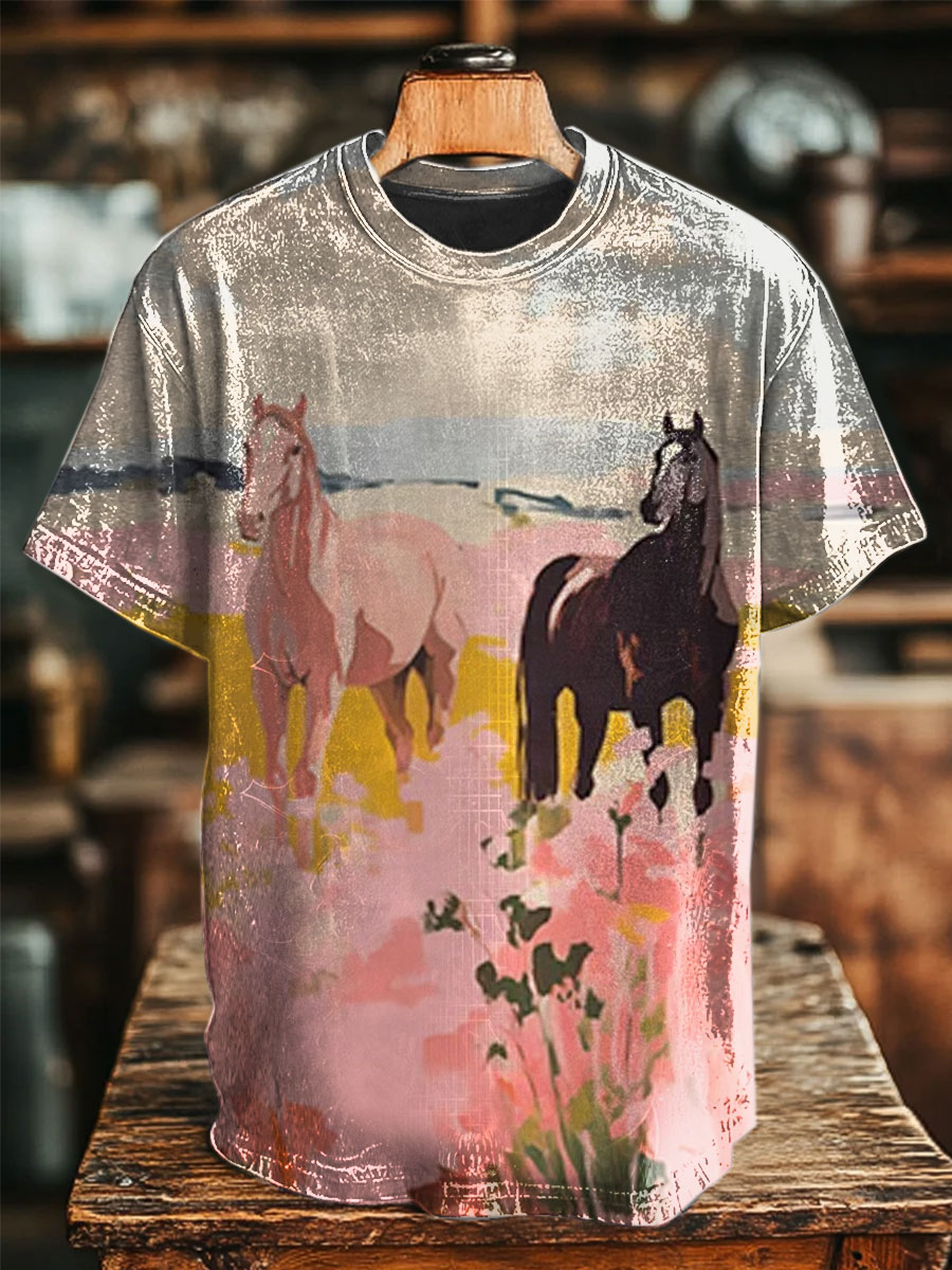 Vintage Horse Print Casual Tee
