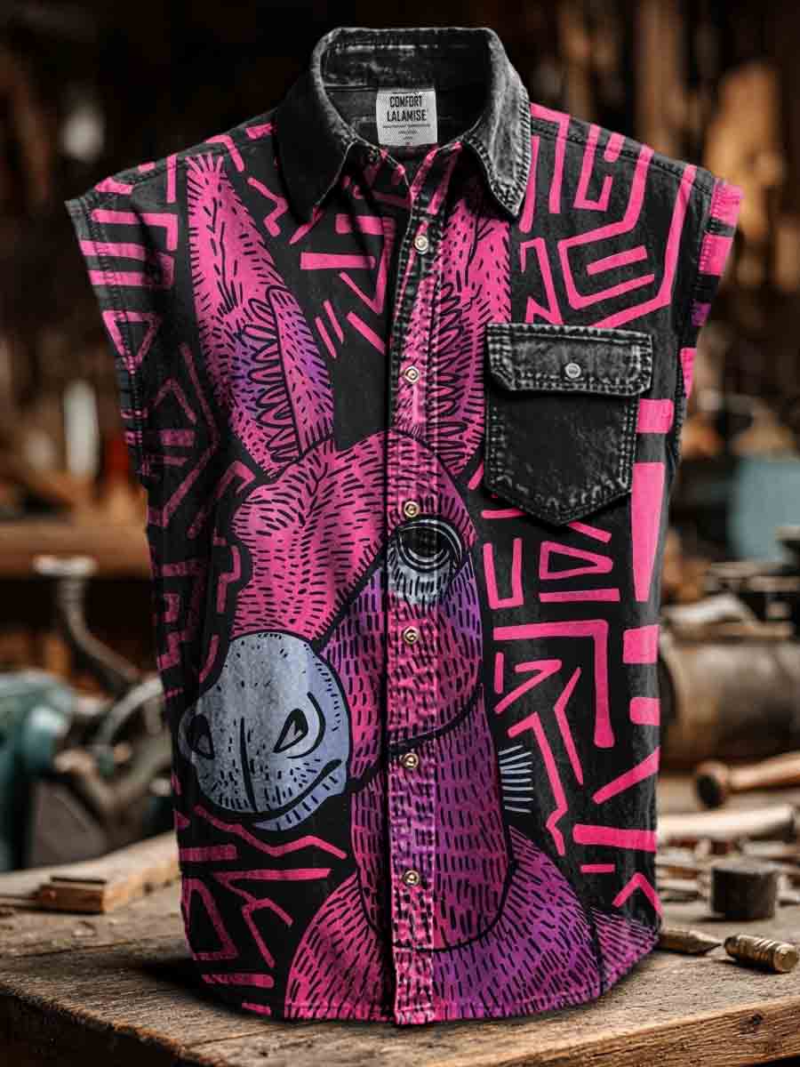 Donkey Art Print Casual 100% Cotton Sleeveless Lapel Shirt