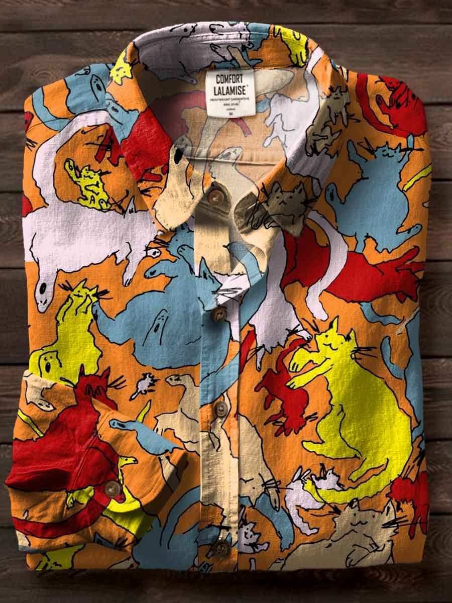 Multicolor Cat Art Print Casual Cotton Shirt