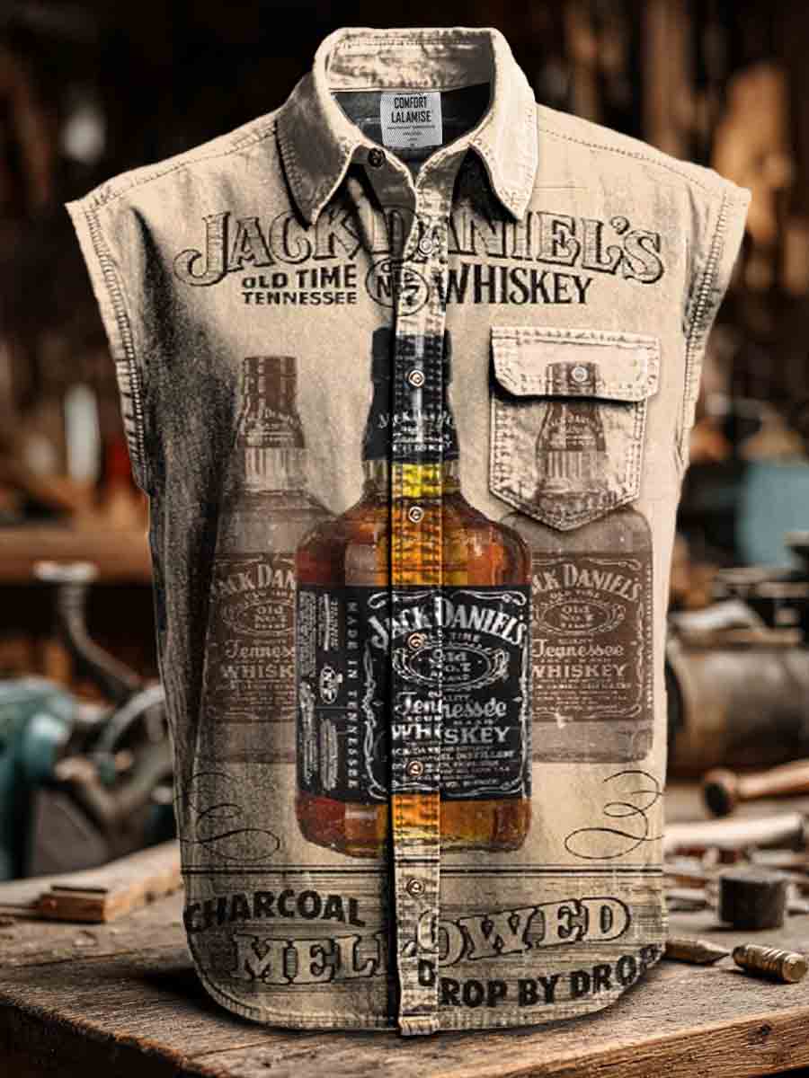 Vintage Whisky Print Casual 100% Cotton Sleeveless Lapel Shirt