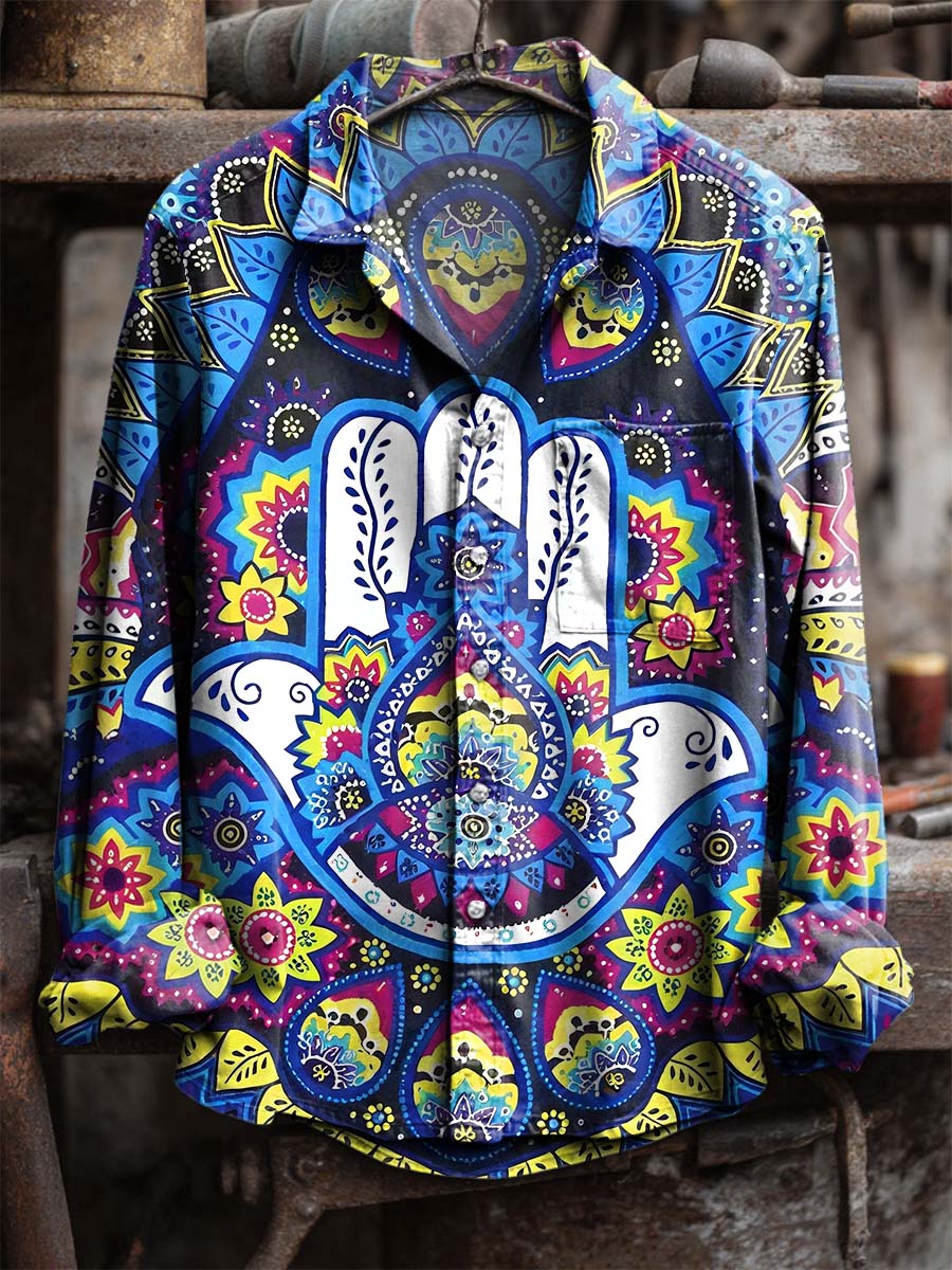 Hamsa Hand Jewish Hebrew Blue Art Print 100% Cotton Long Sleeve Shirt