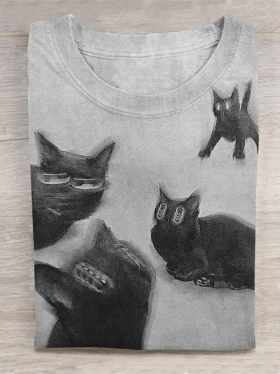 Cat Art Print Crew Neck T-shirt