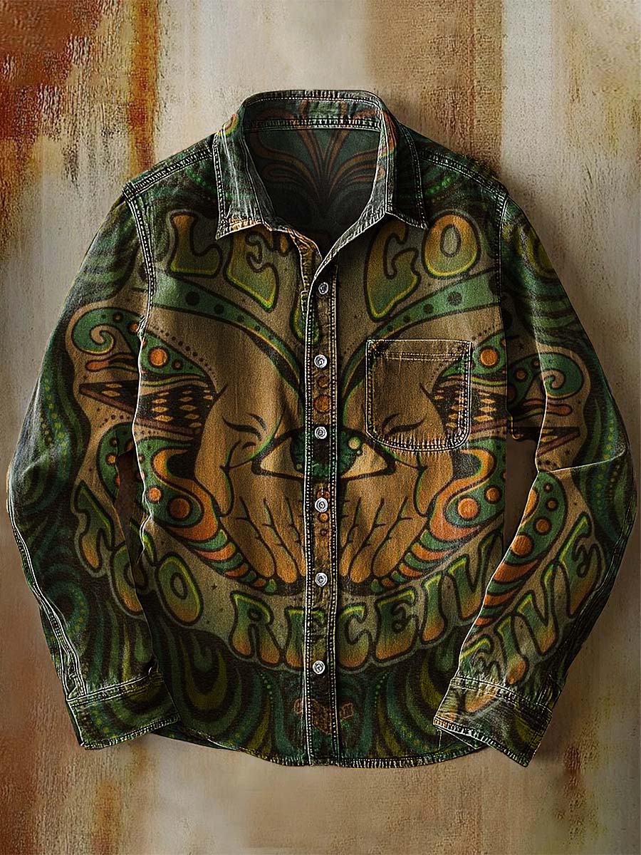 Retro Psychedelic Eyes Print 100% Cotton Casual Long Sleeved Denim Shirt