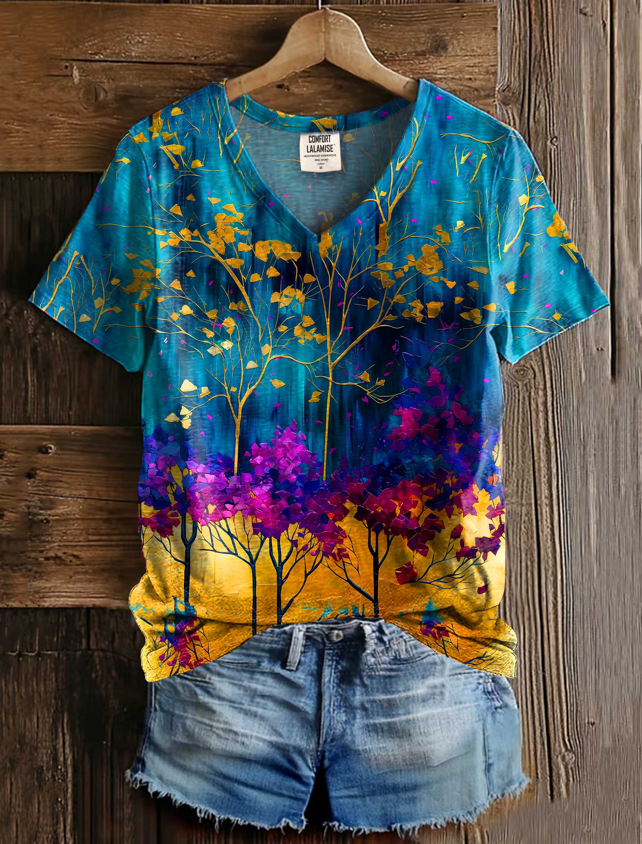 Flower Art Print V-neck Casual T-Shirt