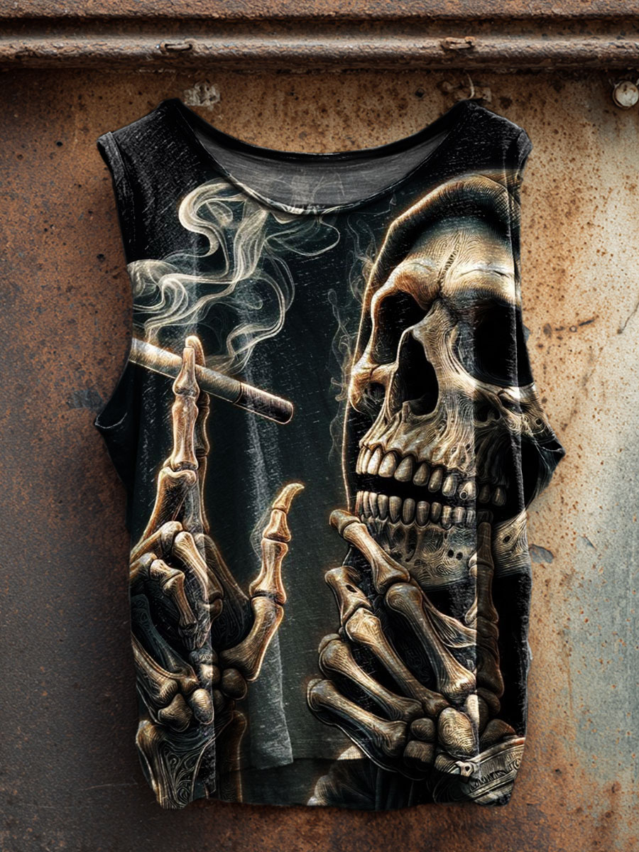 Vintage Skeleton Smoking Print 100% Cotton Casual Tank Top