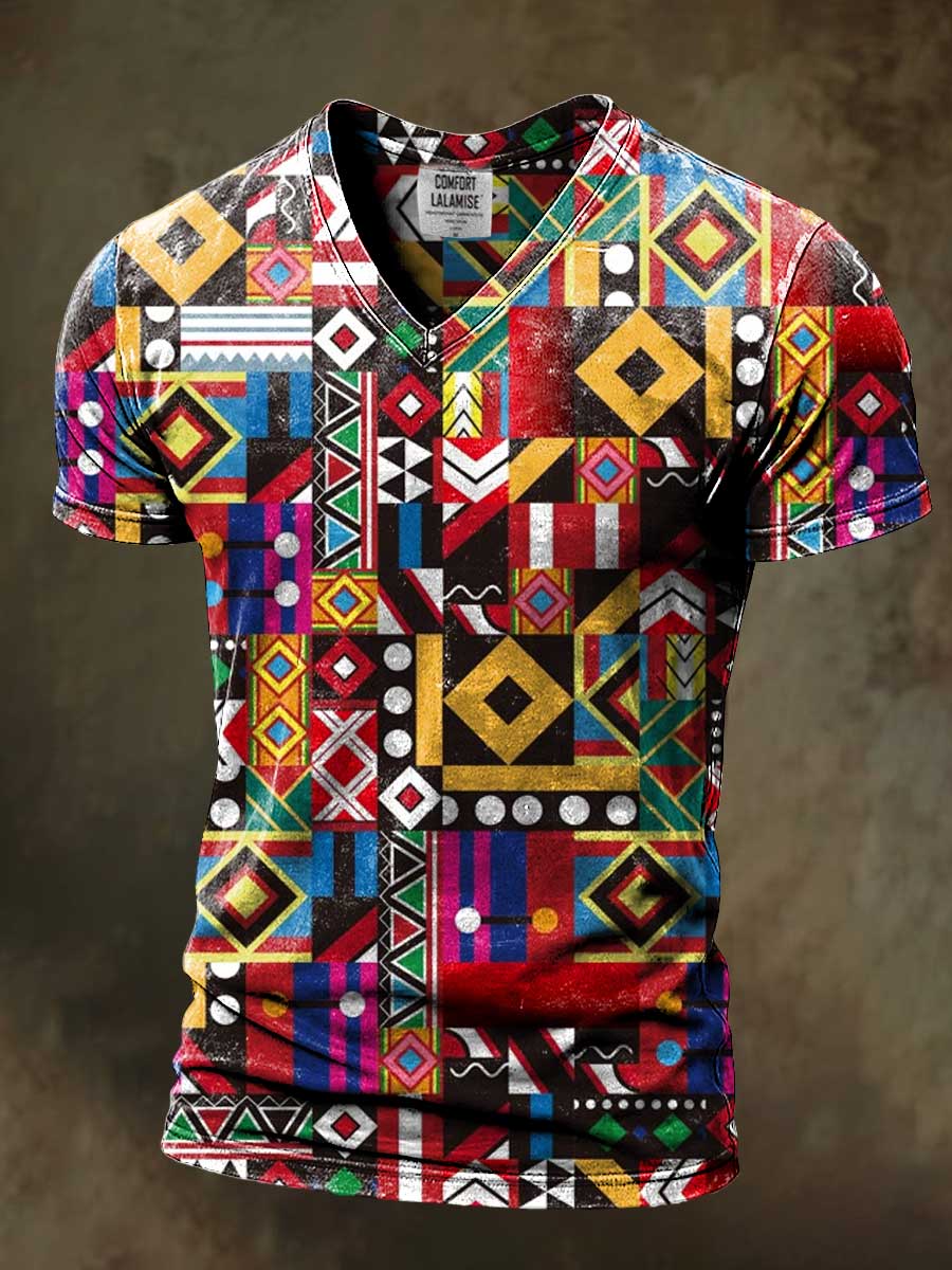 Multicolored Geometry Art Print Casaul Short Sleeve V-neck T-shirt