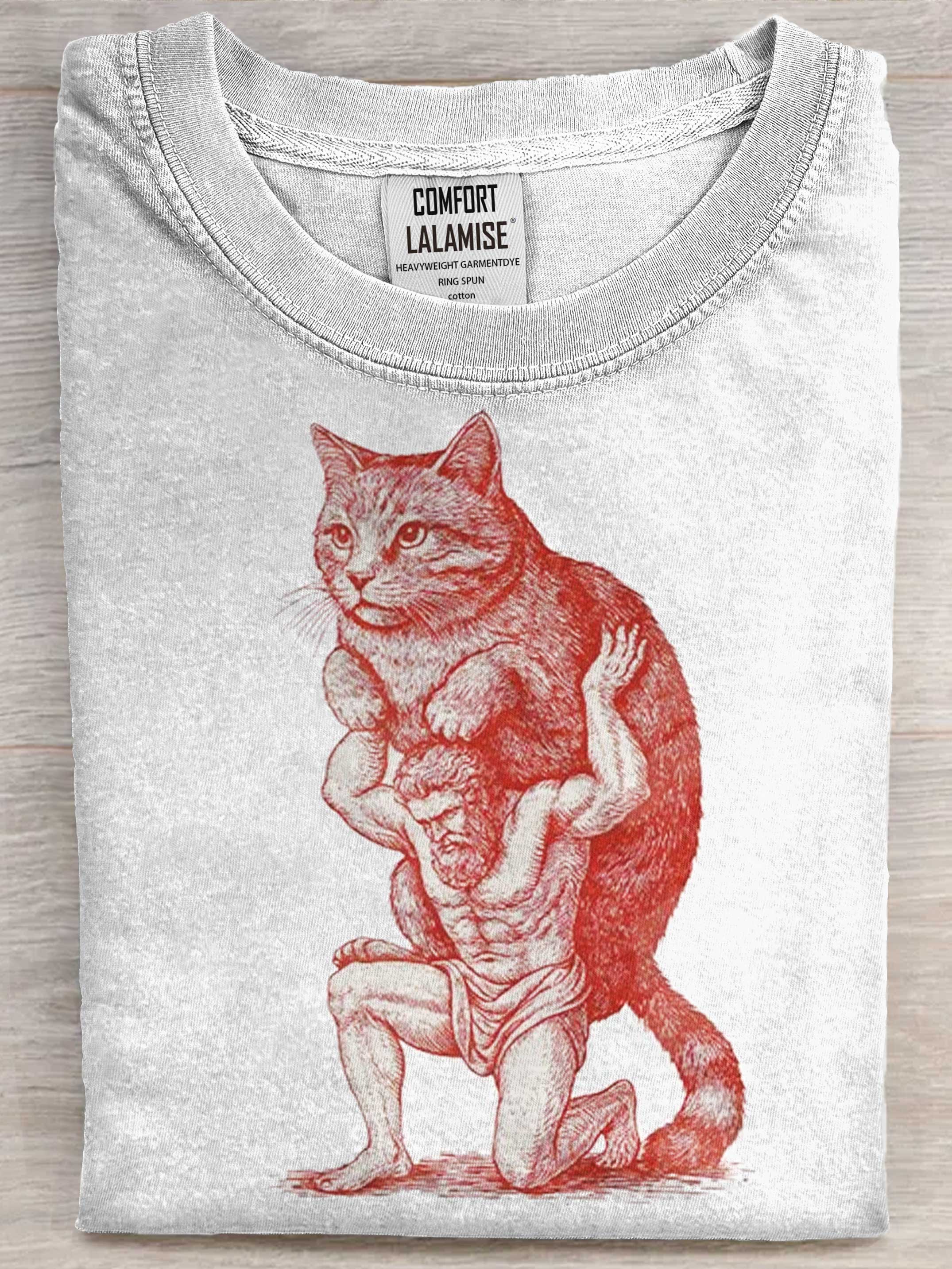 Atlas Holding A Cat Funny Cat Art Print Casual Cotton Short Sleeve T-shirt