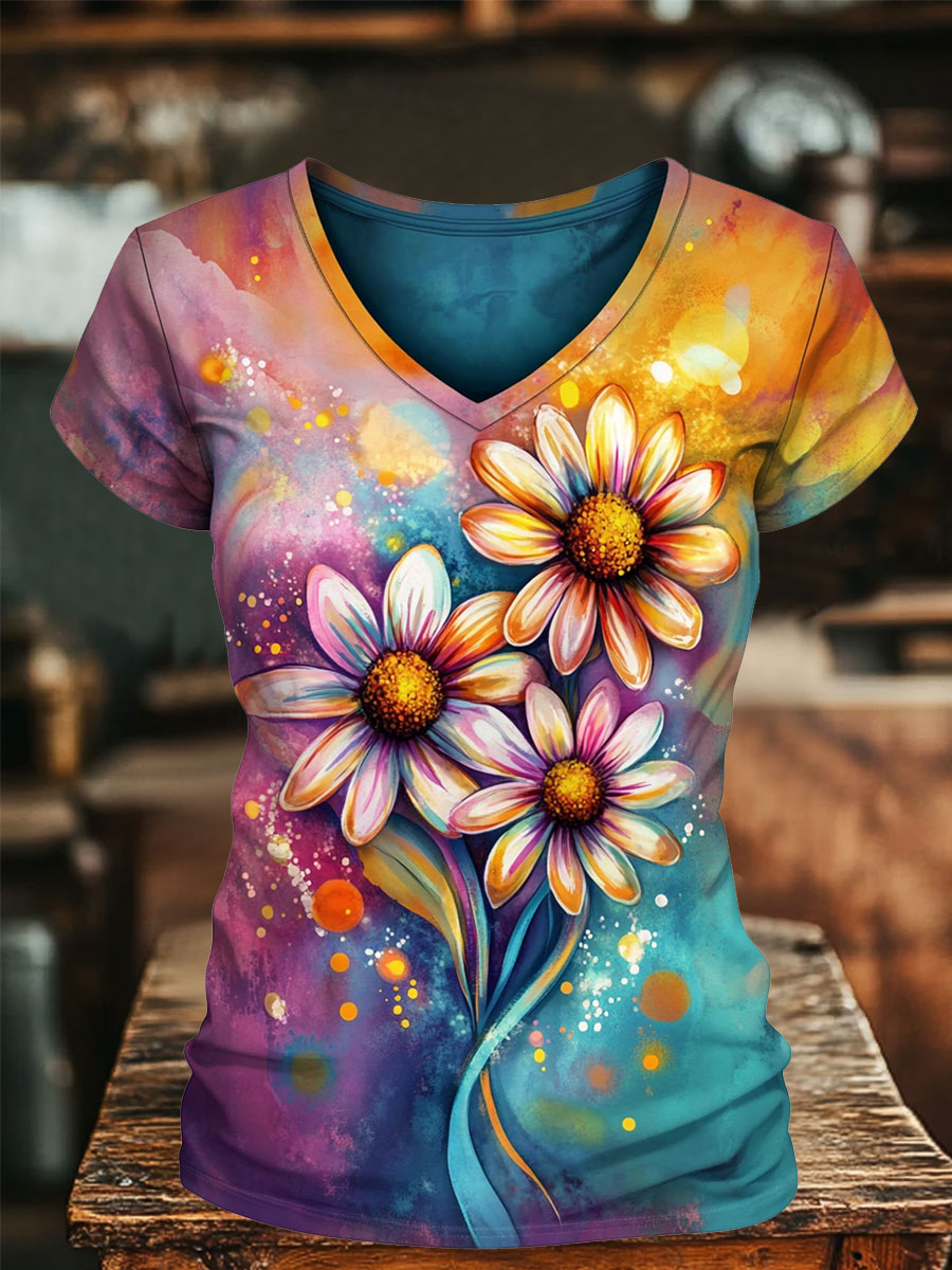 Colorful Floral Prints V-neck Casual T-Shirt