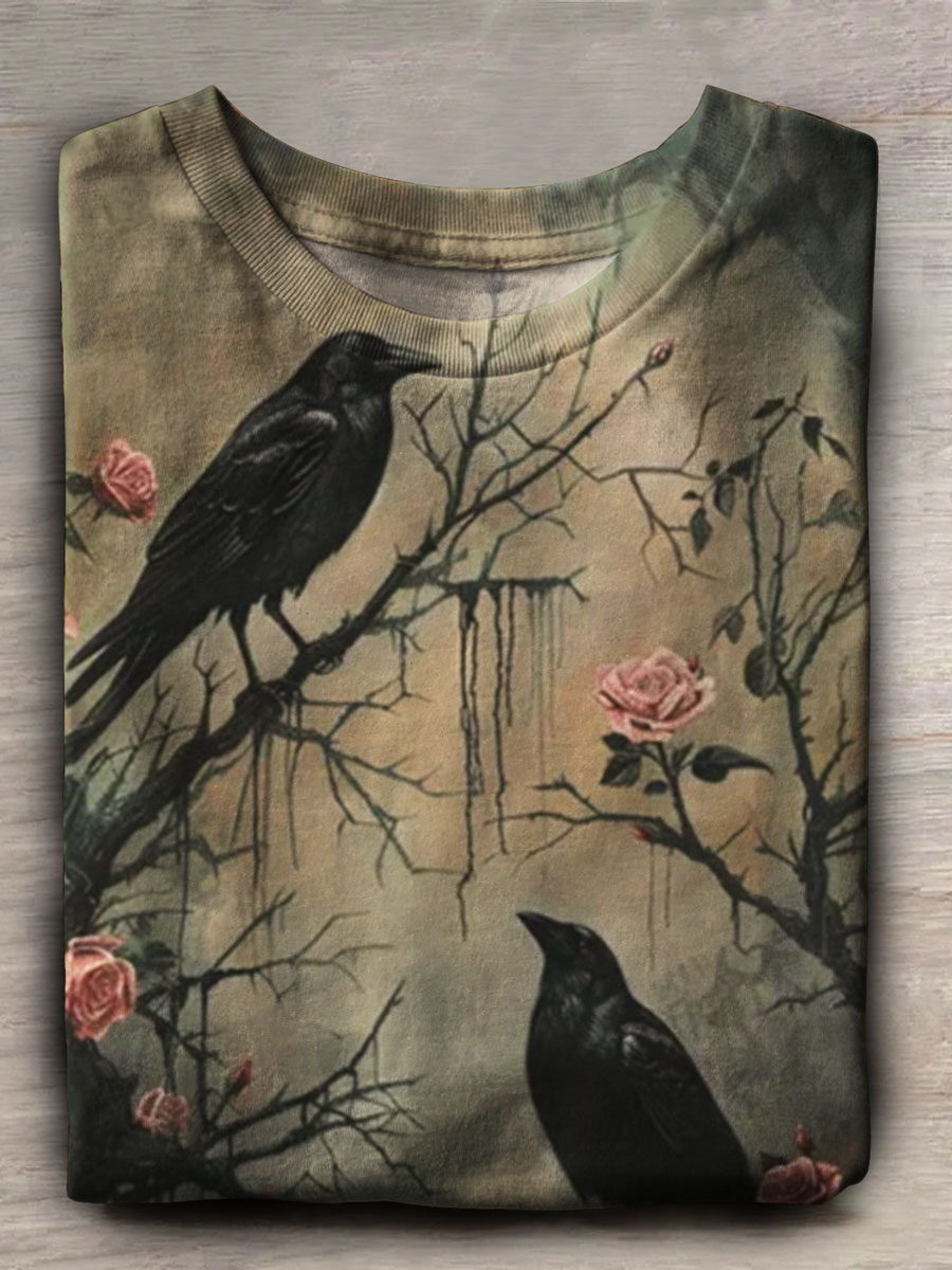 Crow Print Casual Short Sleeve Top