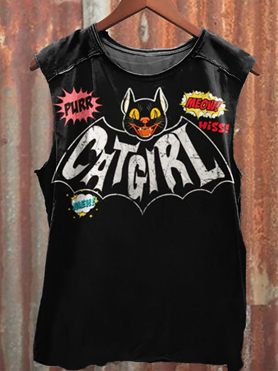 Catgirl Vintage Print 100% Cotton Casual Tank Top