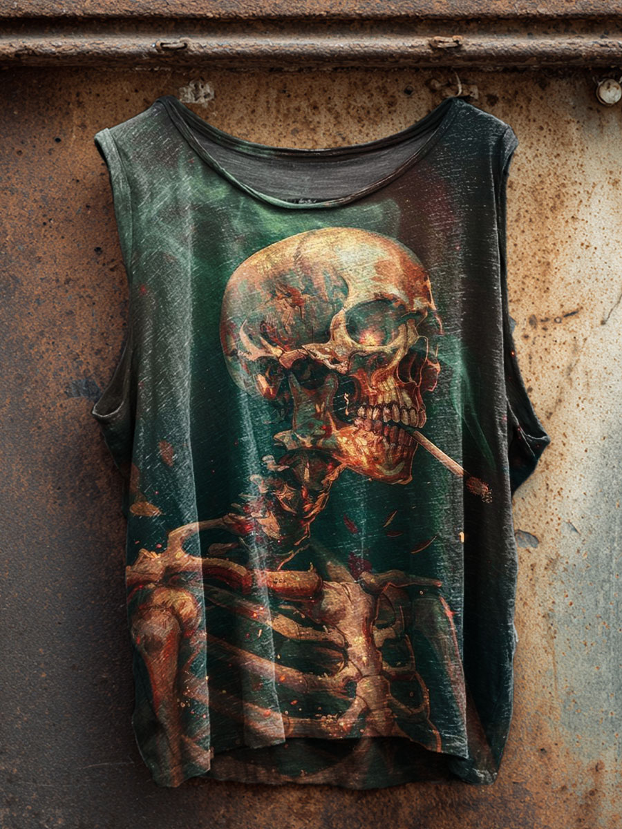 Vintage Skeleton Smoking Print 100% Cotton Casual Tank Top