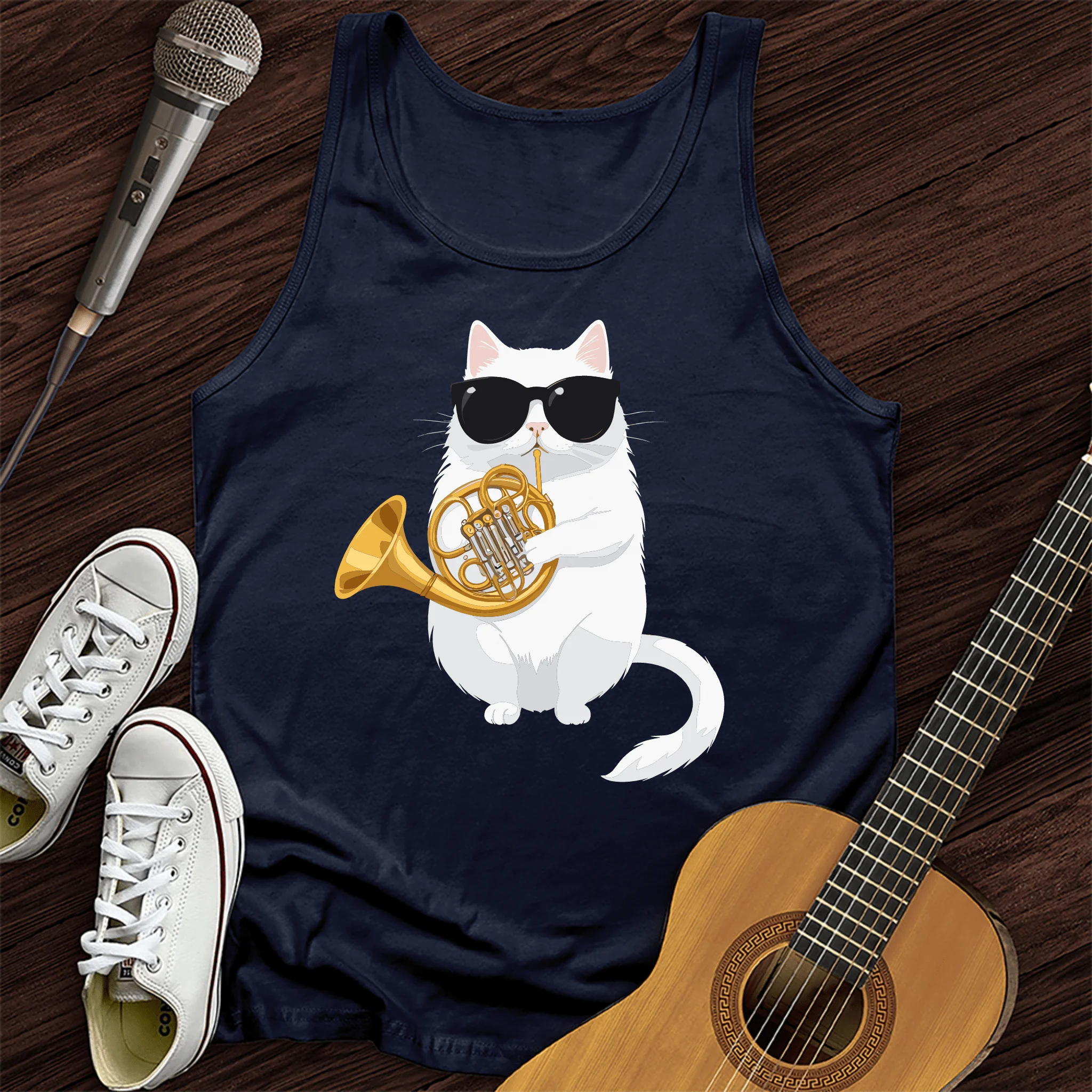 Cat Playing French Horn Tank Top
