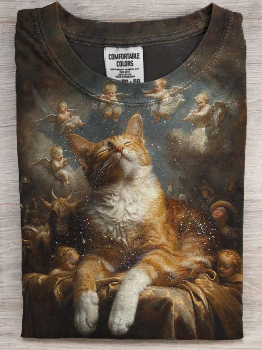 Unisex Renaissance Vintage Cat Print Casual Short Sleeve T-Shirt