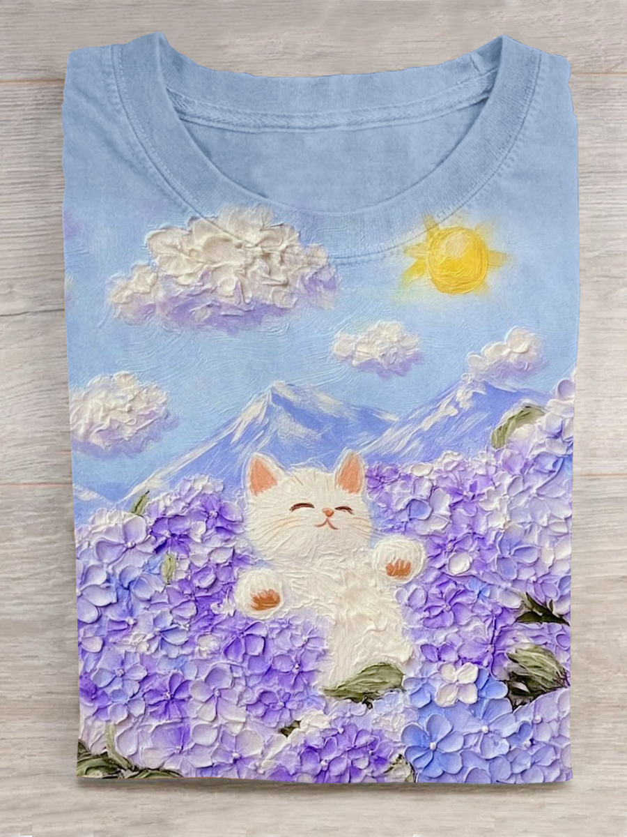 Cat Art Printed Crew Neck Short Sleeve T-Shirt