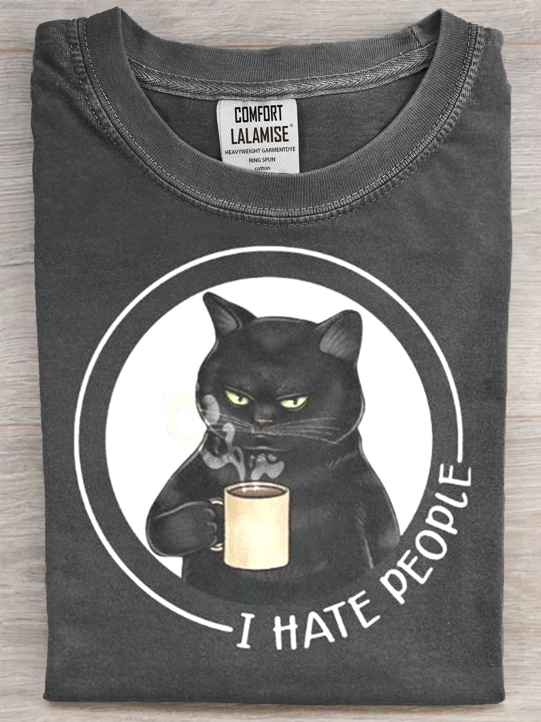 I Hate People Funny Cat Art Print Casual Short Sleeve T-shirt