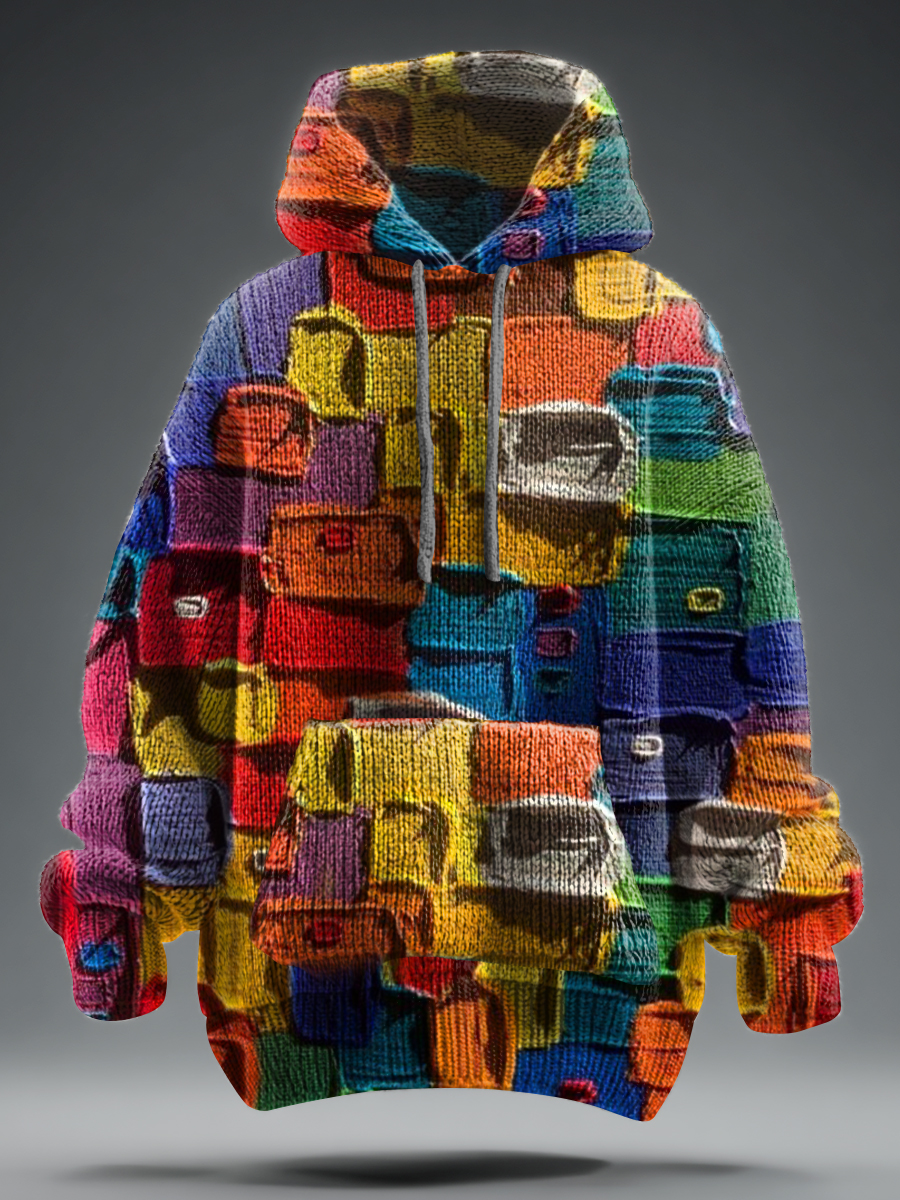 Retro Multicolor Art Print Print Knit Pullover Hooded Sweater