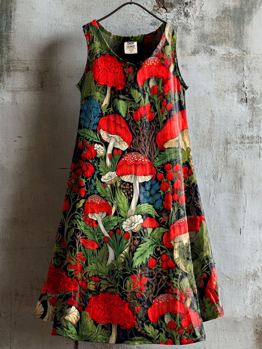 Women's Vintage Poisonous Mushrooms Print V-neck Pocket Cotton Dress